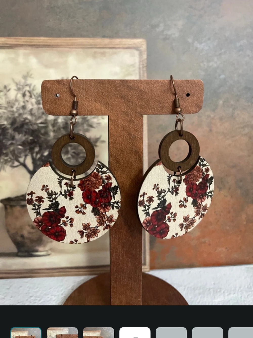 Red Floral Drop Earrings with Wooden Hoop Accent